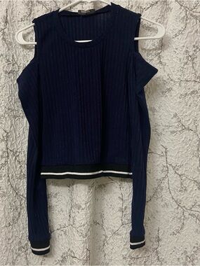 Sans Souci Navy Blue Ribbed Sweater with Stripe Trim Size Small